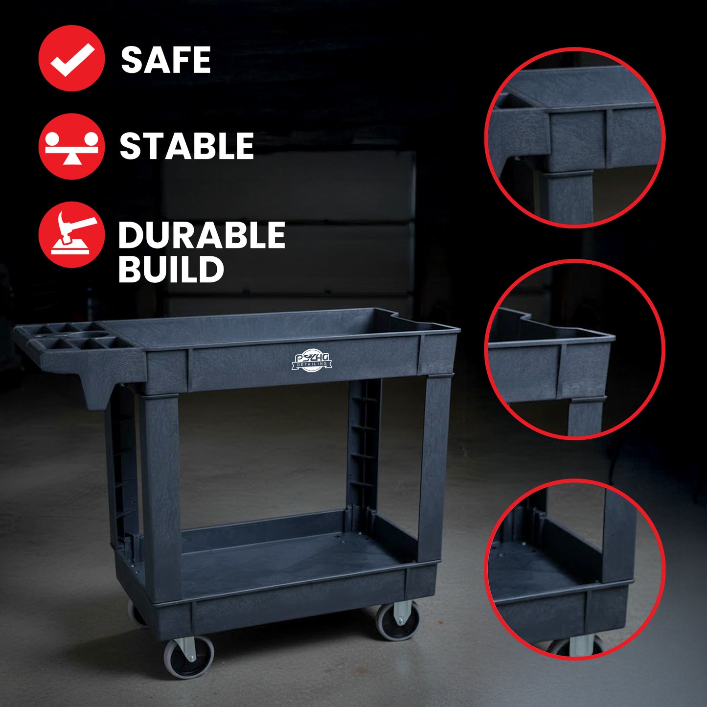 Heavy-Duty Utility Tool Cart with Handle & Storage Boxes - 500 lb Capacity - Psycho Detailing