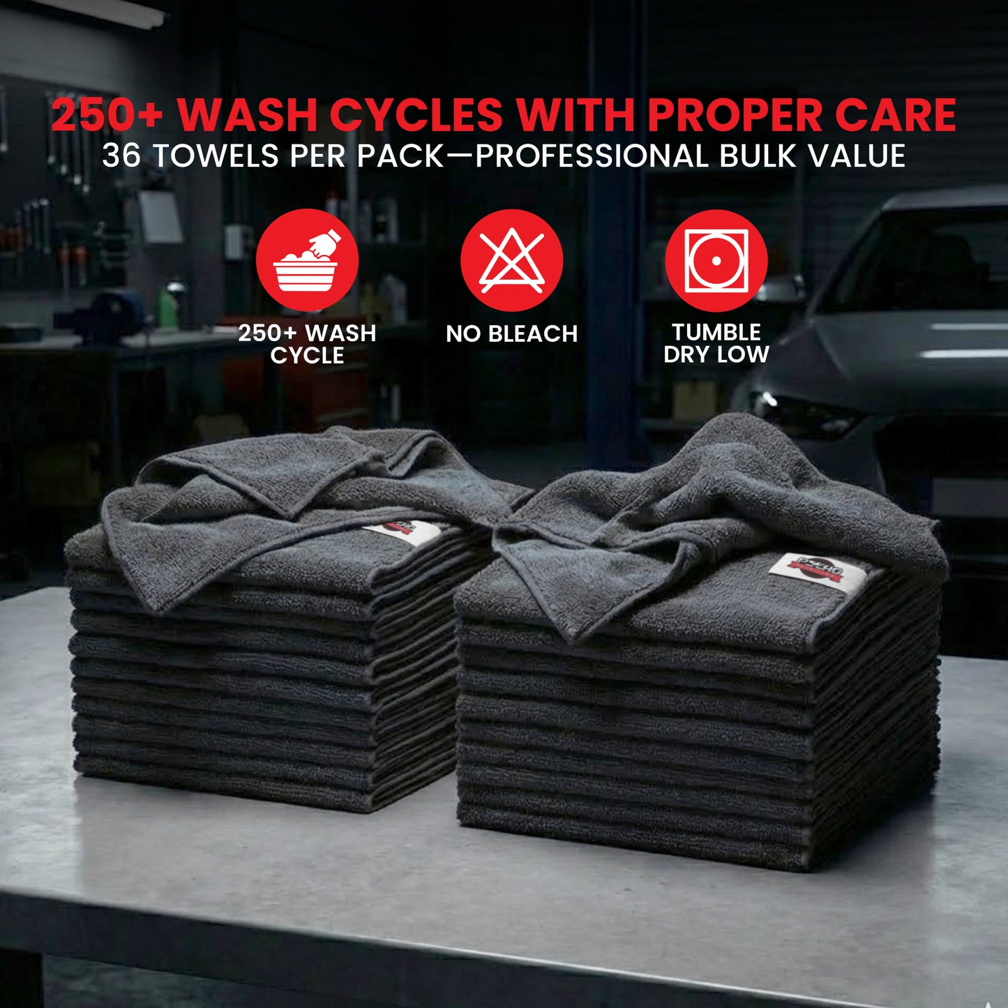 Stacks of gray towels on a table with text about wash cycles and care instructions.