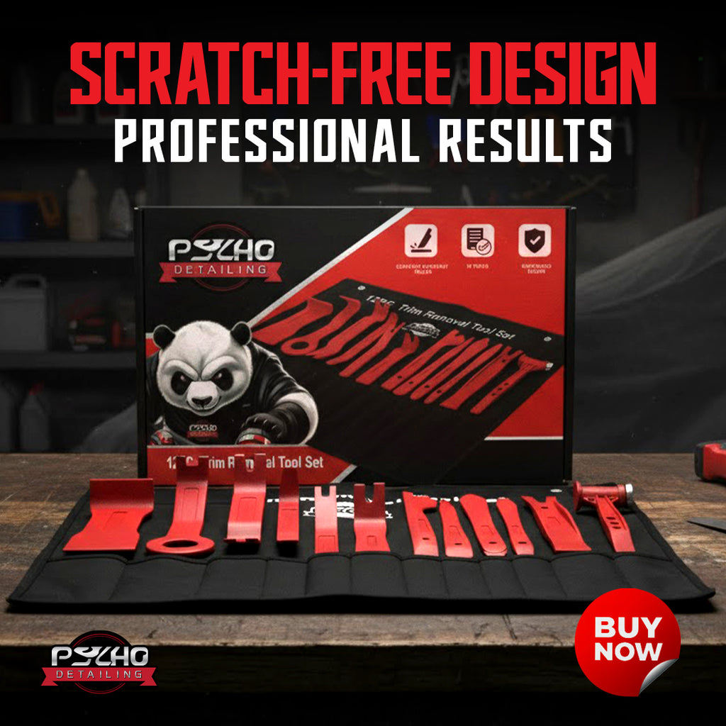 Professional detailing tool set with 'Psycho Detailing' branding on a dark background