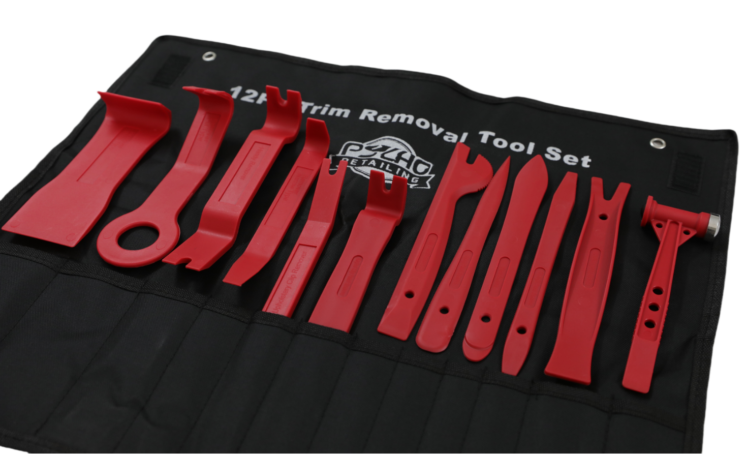 Red trim removal tool set on a black roll-up mat with a brand logo.