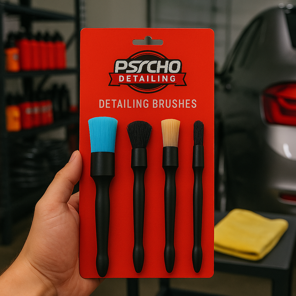 Set of detailing brushes on a Psycho Detailing branded card held by a hand with a car in the background.
