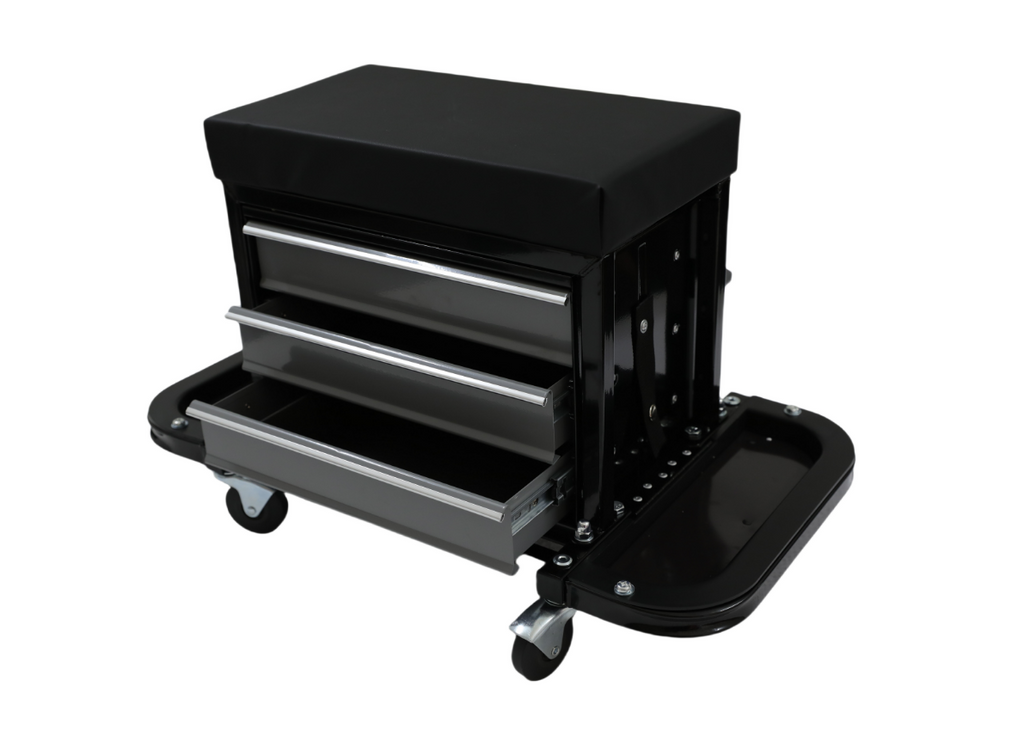 Heavy-Duty 350 lb Capacity Mechanic Roller Seat with 3 Drawers & Tool Rack - Psycho Detailing