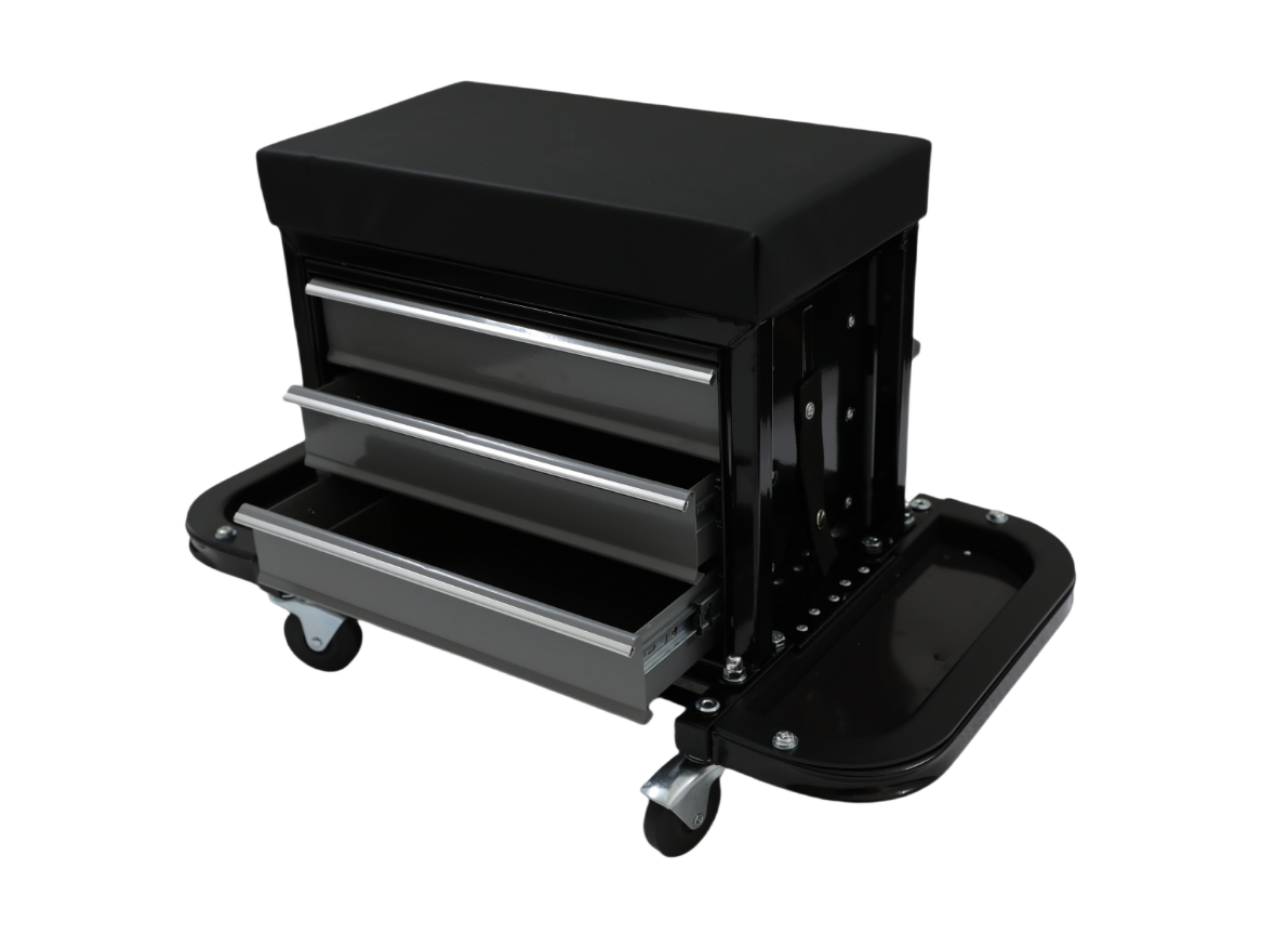 Heavy-Duty 350 lb Capacity Mechanic Roller Seat with 3 Drawers & Tool Rack - Psycho Detailing