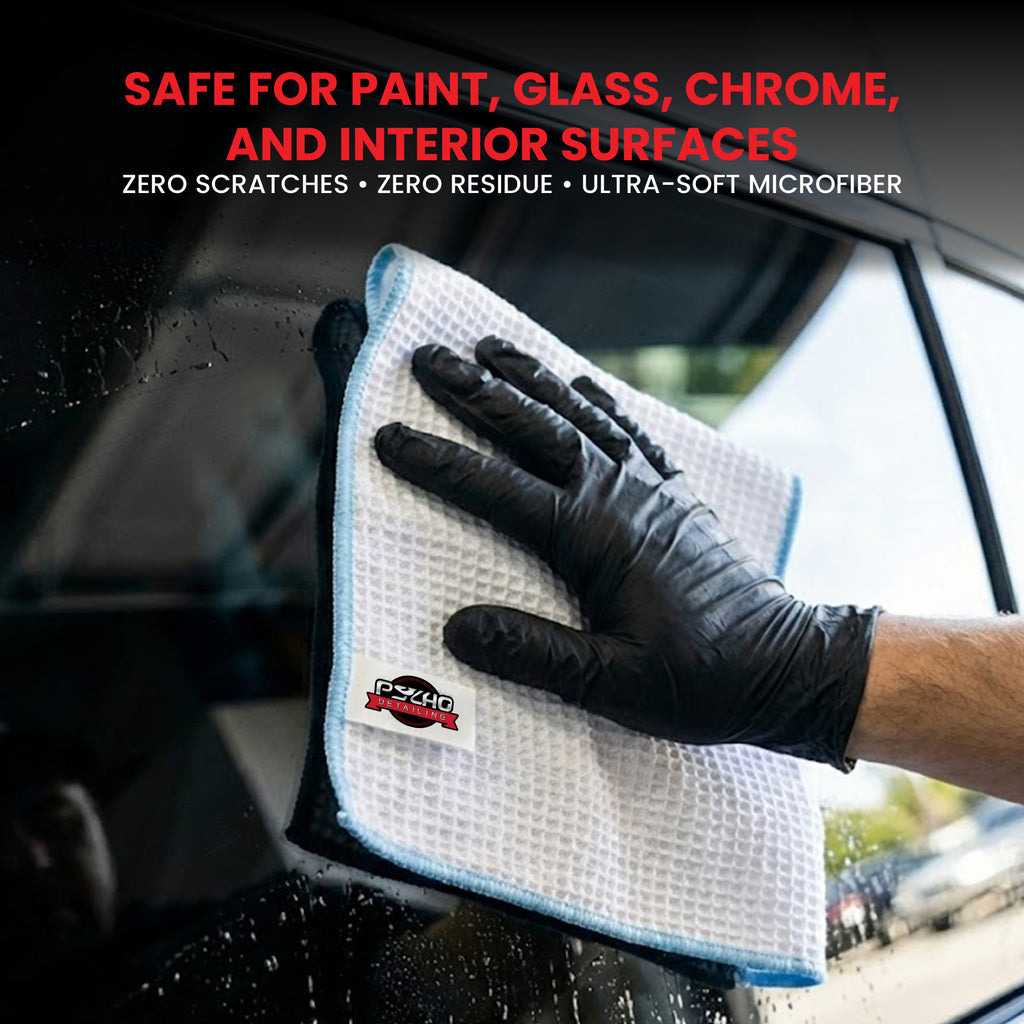 Person cleaning car interior with a microfiber cloth and black gloves, text about product safety.