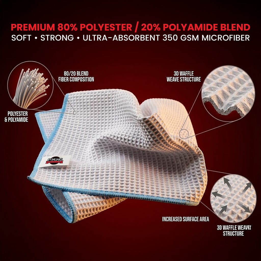 Microfiber towel with text detailing material composition and features on a dark background