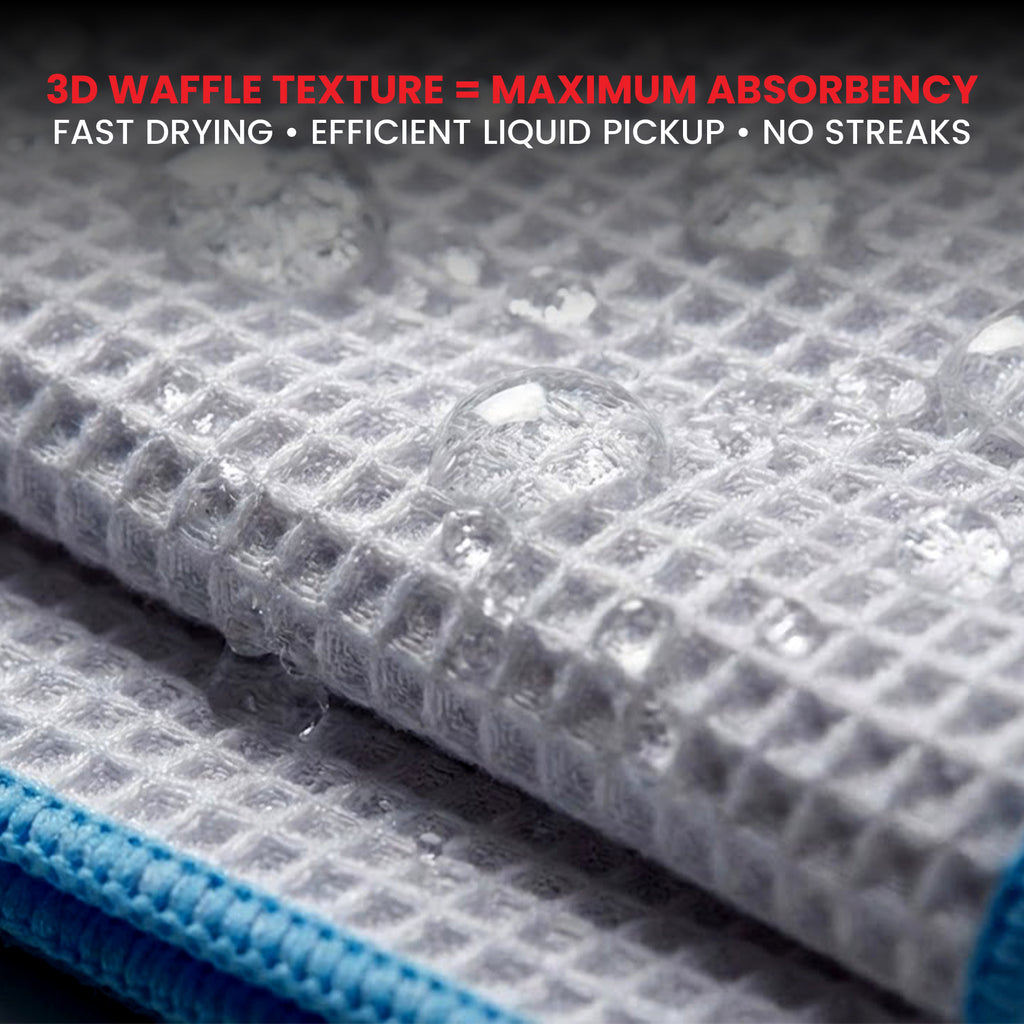 Close-up of a textured fabric with water droplets, highlighting its absorbency properties.