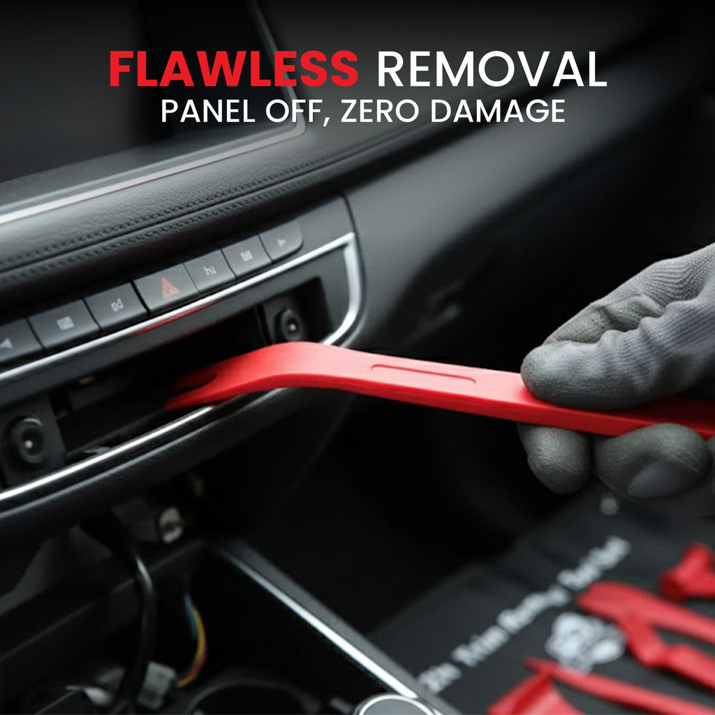 Red tool being used on a car dashboard with text 'Flawless Removal' and 'Panel Off, Zero Damage'.