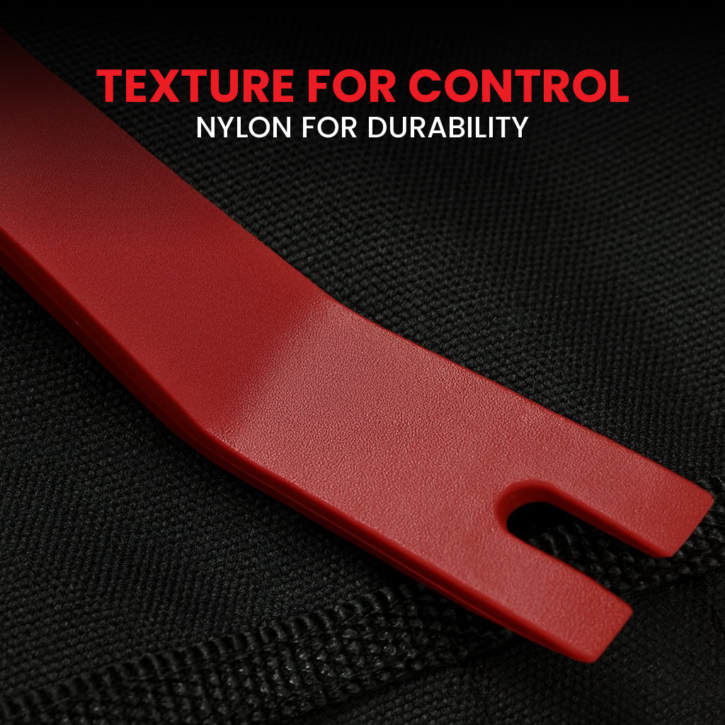 Red tool with text 'Texture for control, Nylon for durability' on a black background