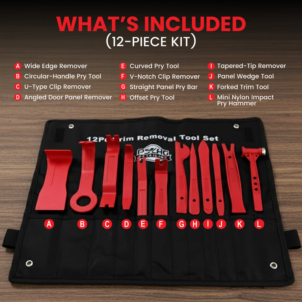 12-piece trim removal tool set with tools displayed on a black mat against a wooden background.