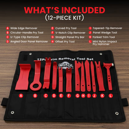 12-piece trim removal tool set with tools displayed on a black mat against a wooden background.
