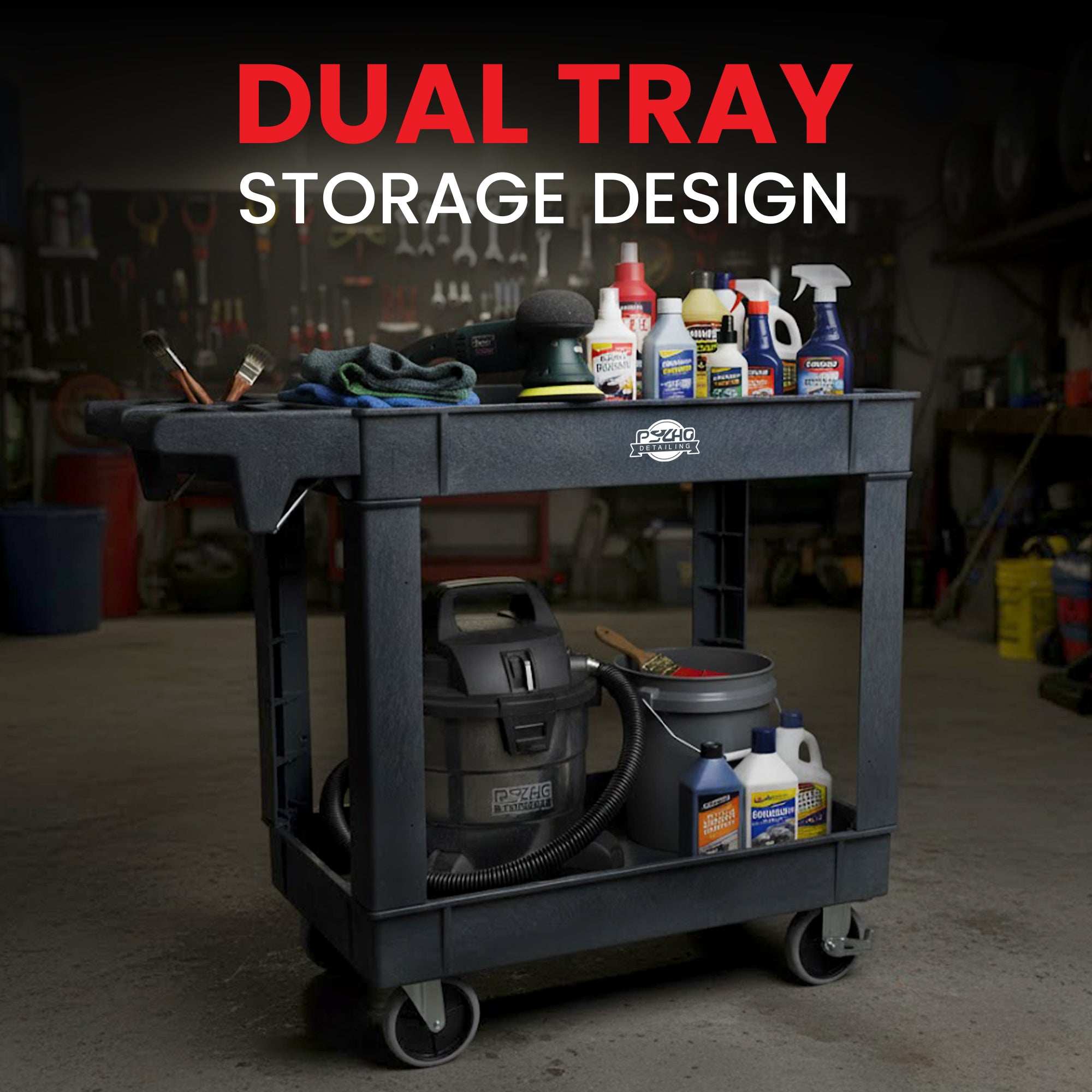 Heavy-Duty Utility Tool Cart with Handle & Storage Boxes - 500 lb Capacity - Psycho Detailing