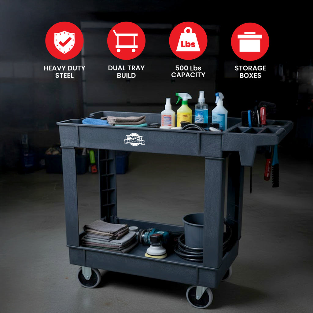 Heavy-Duty Utility Tool Cart with Handle & Storage Boxes - 500 lb Capacity - Psycho Detailing