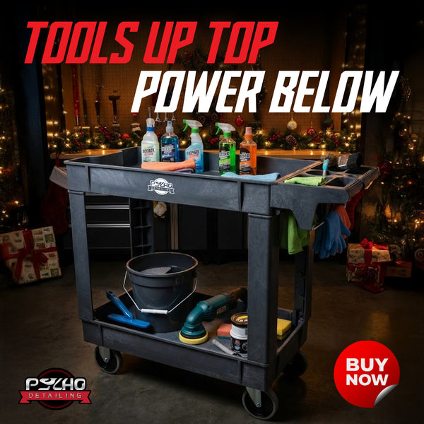 Tool cart with cleaning supplies in a festive setting, featuring the brand 'Psycho Detailing'.