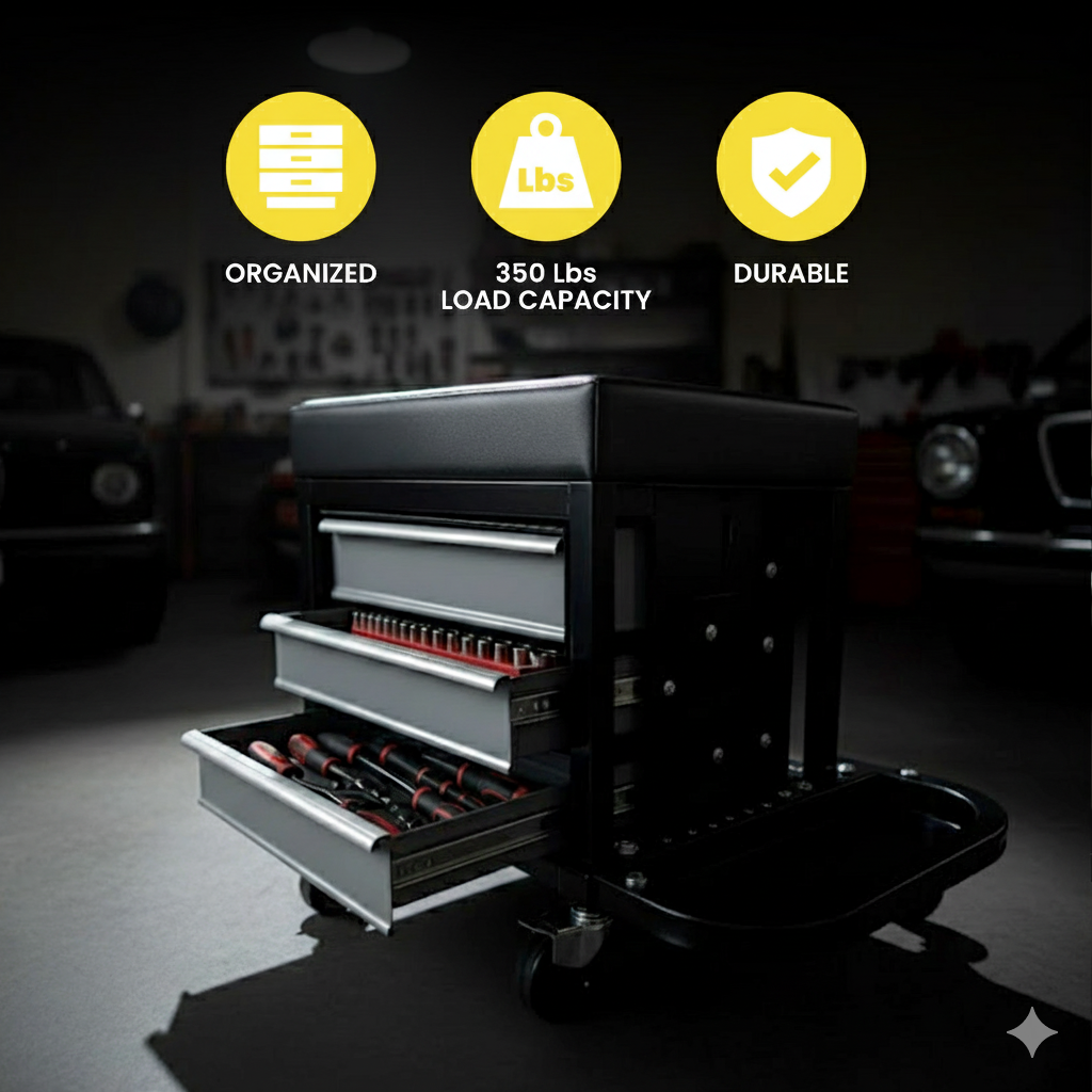 Heavy-Duty 350 lb Capacity Mechanic Roller Seat with 3 Drawers & Tool Rack - Psycho Detailing