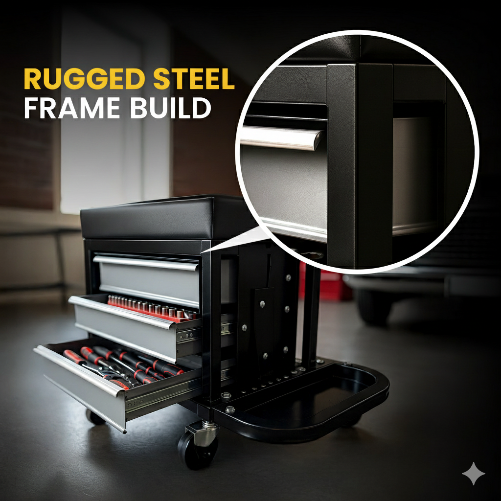 Heavy-Duty 350 lb Capacity Mechanic Roller Seat with 3 Drawers & Tool Rack - Psycho Detailing