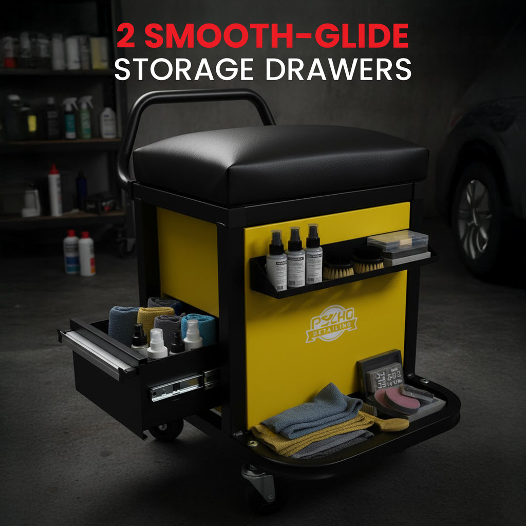 Yellow and black tool cart with storage drawers in a garage setting