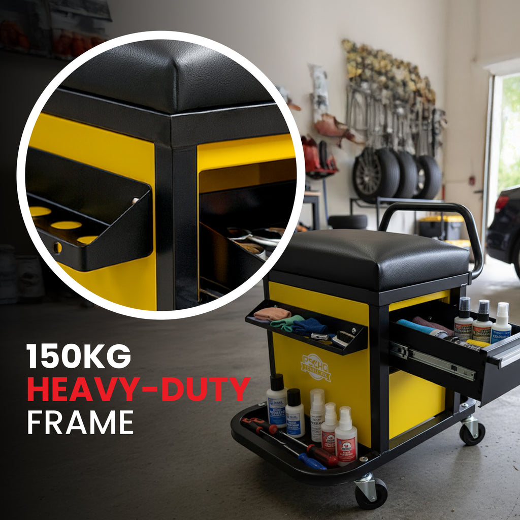 Heavy-duty tool cart with tools and supplies in a garage setting, emphasizing its 150KG capacity.