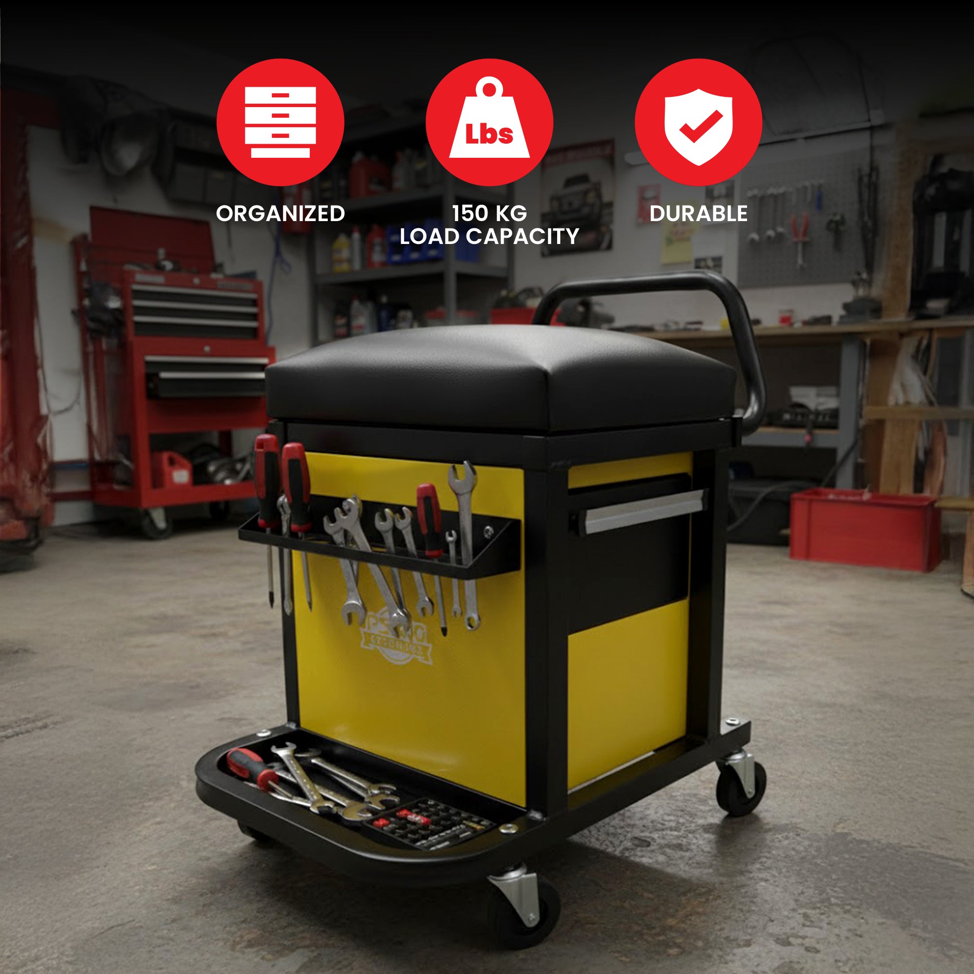 Yellow tool cart with tools in a workshop setting, featuring icons and text about organization, load capacity, and durability.