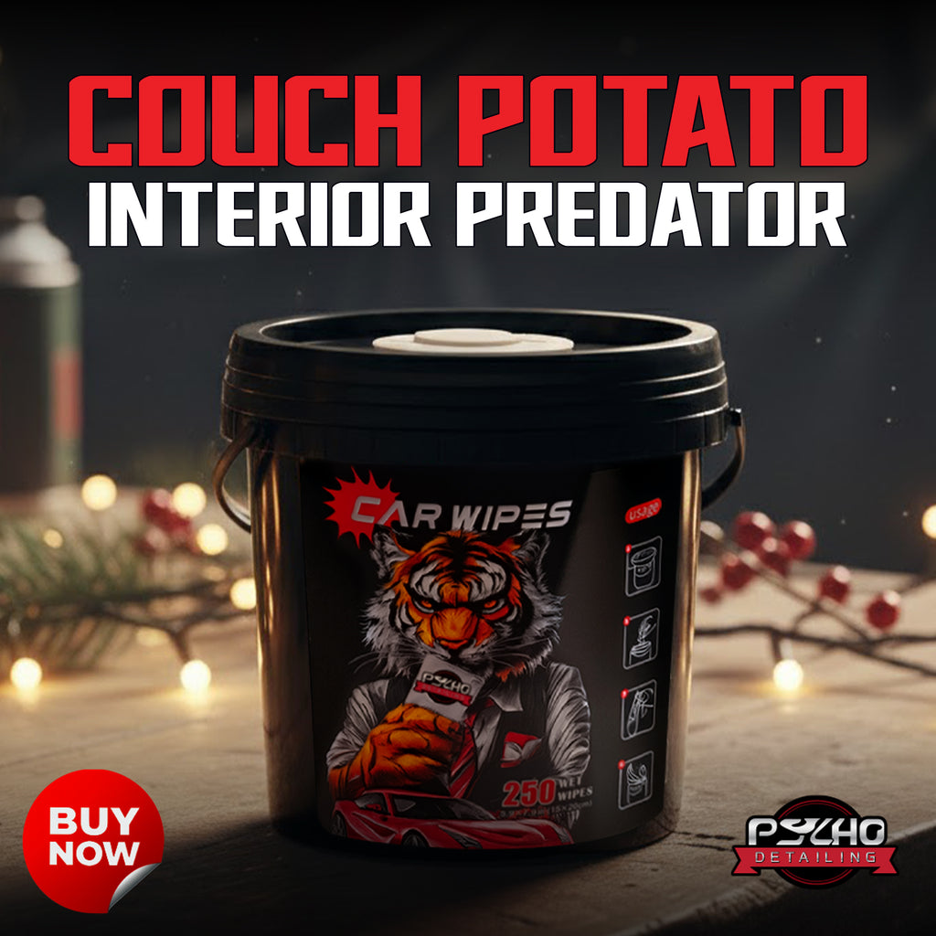 Black bucket with tiger design labeled 'Car Wipes' on a dark background with text 'Couch Potato Interior Predator'.