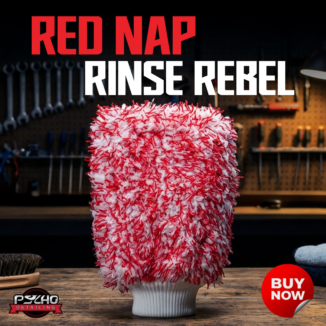Red and white scrubber with 'Red Nap Rinse Rebel' text on a workshop background