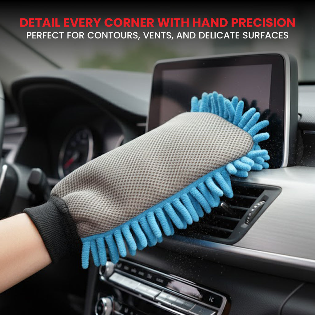Cleaning glove with blue bristles cleaning a car's dashboard.