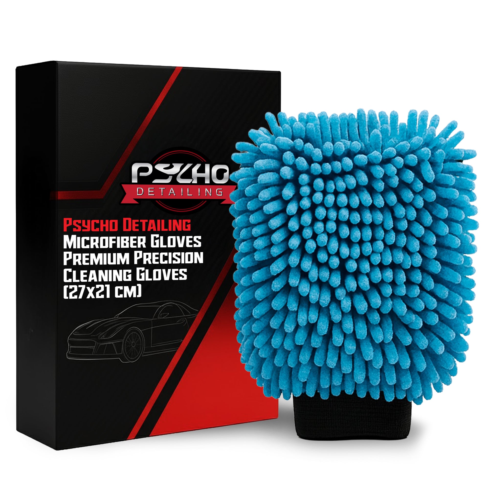 Blue microfiber cleaning glove with Psycho Detailing packaging on a white background