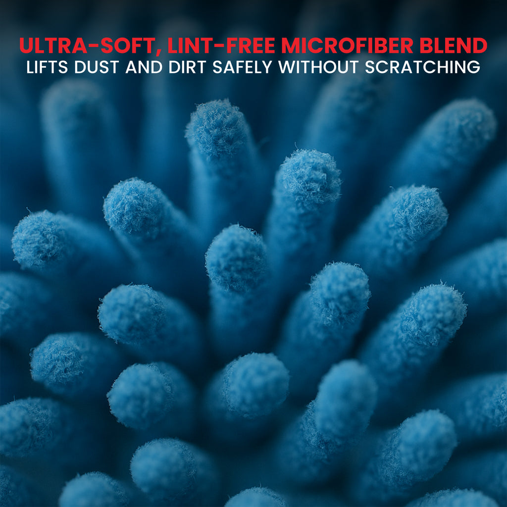 Close-up of blue microfiber fibers with text about ultra-soft, lint-free properties.