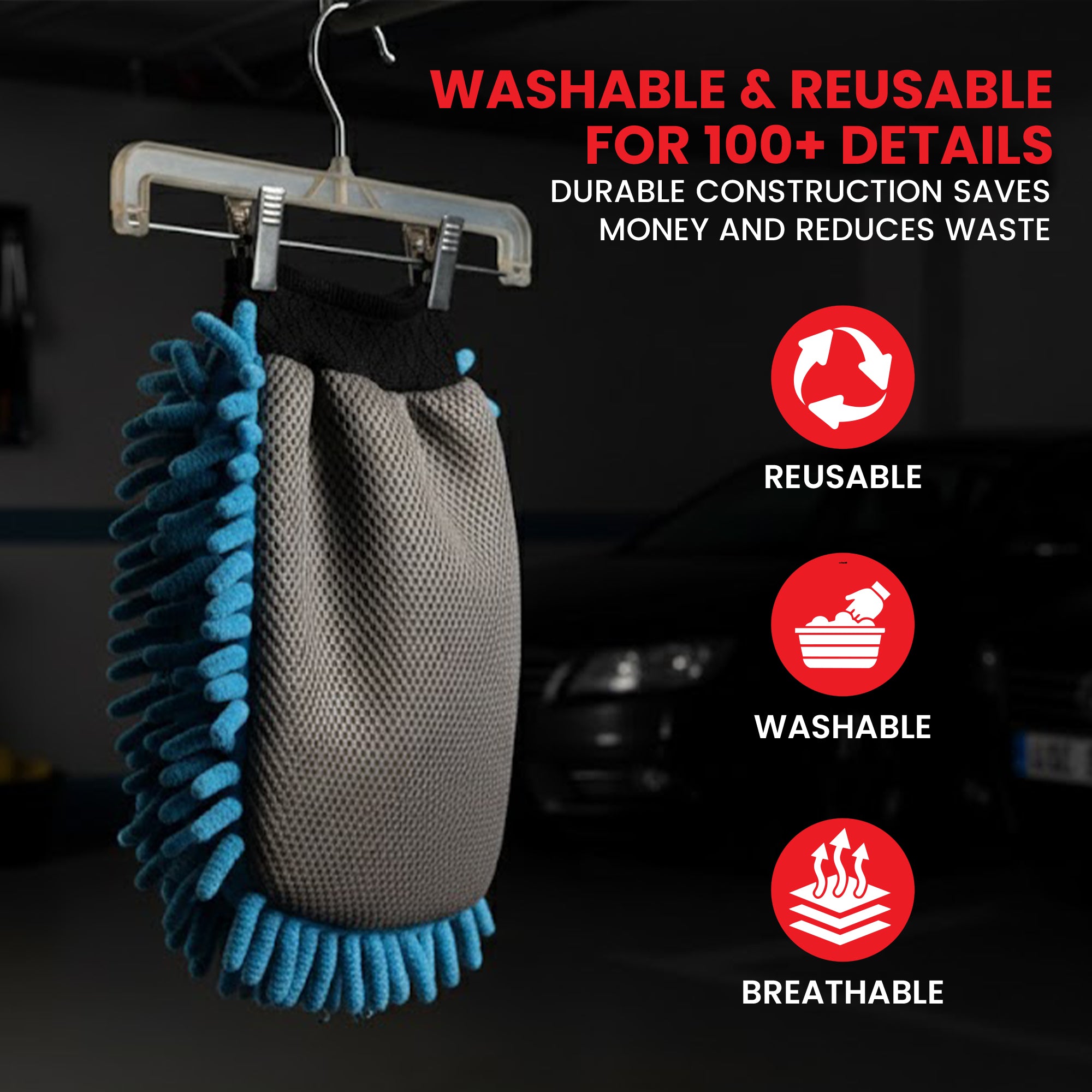Car cleaning glove with blue bristles on a hanger, featuring text about washability and reusability.