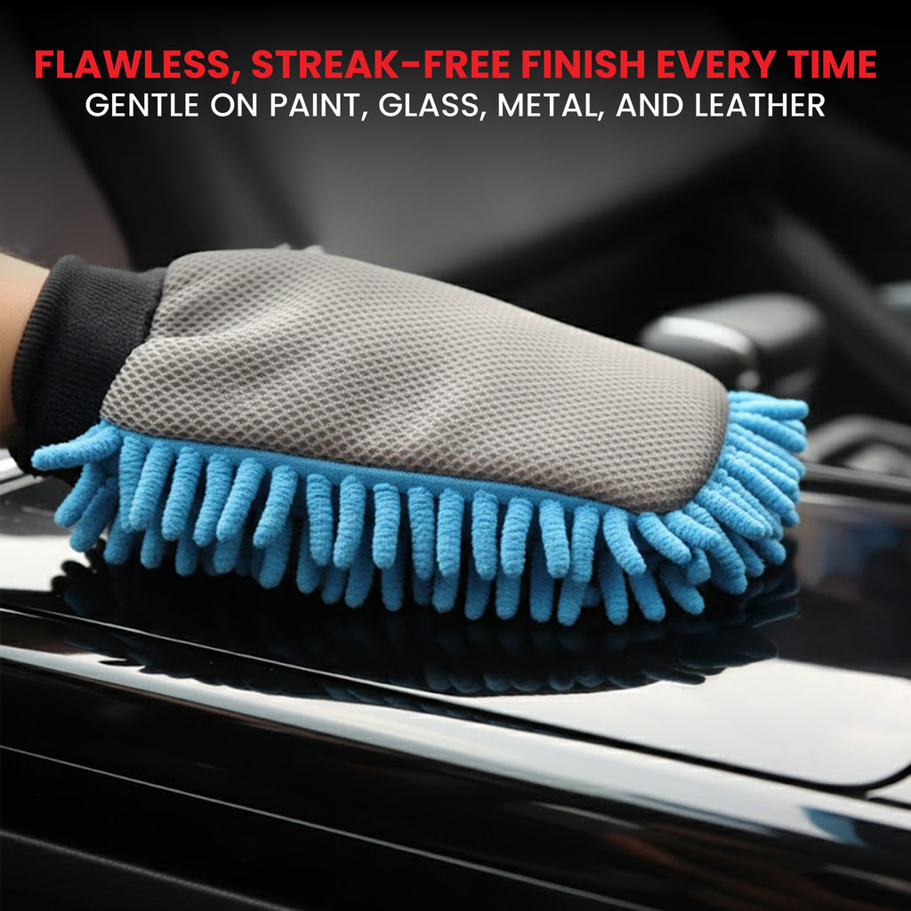 Car cleaning glove with blue bristles on a car surface, with text about its effectiveness.