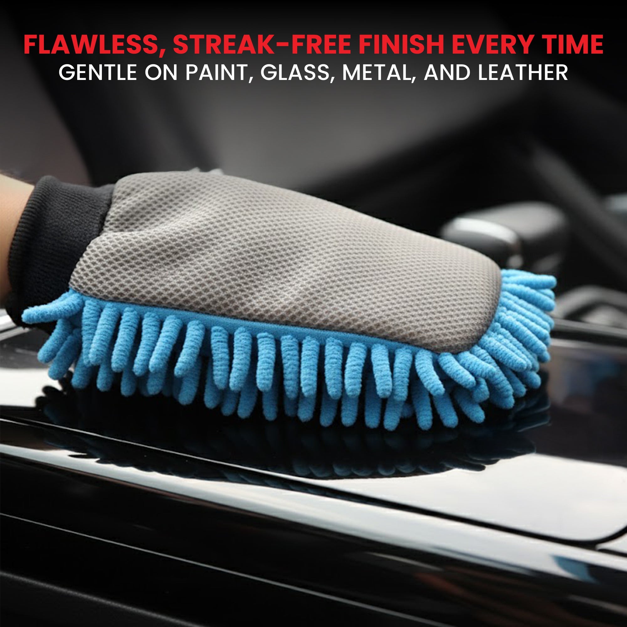 Car cleaning glove with blue bristles on a car surface, with text about its effectiveness.