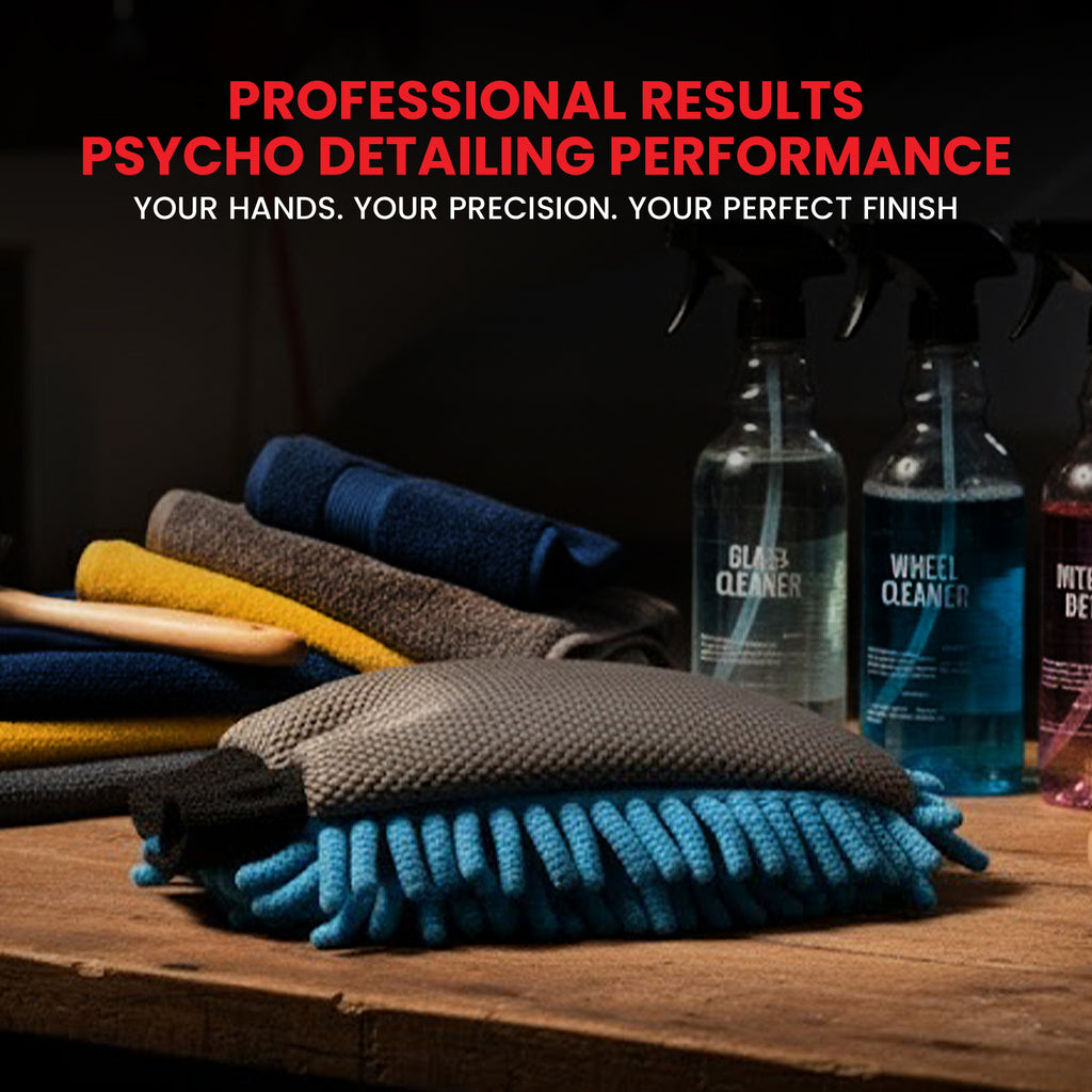 Car detailing products including cloths, bottles, and a brush on a wooden surface with promotional text.