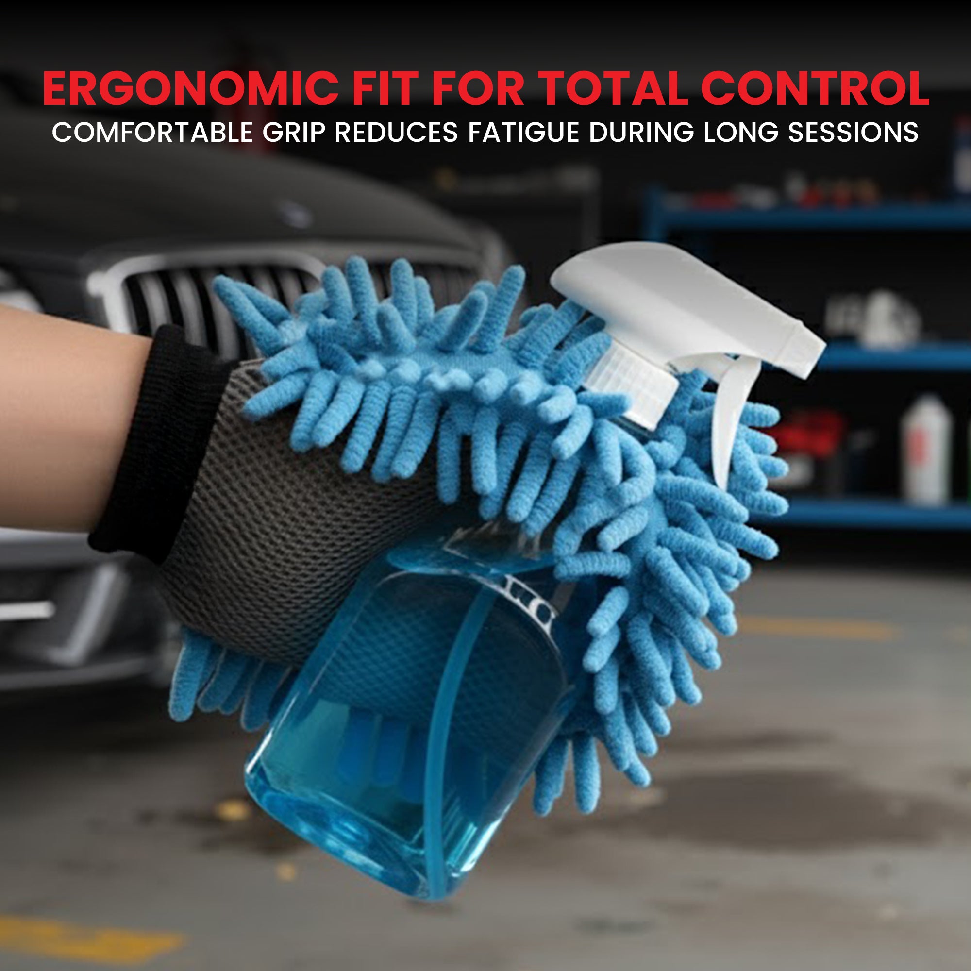 Blue microfiber cleaning glove with a spray bottle held by a person, with text about ergonomic fit and comfort.