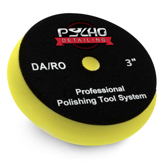 DA/RO professional polishing tool system pad with black center and yellow rim on a white background