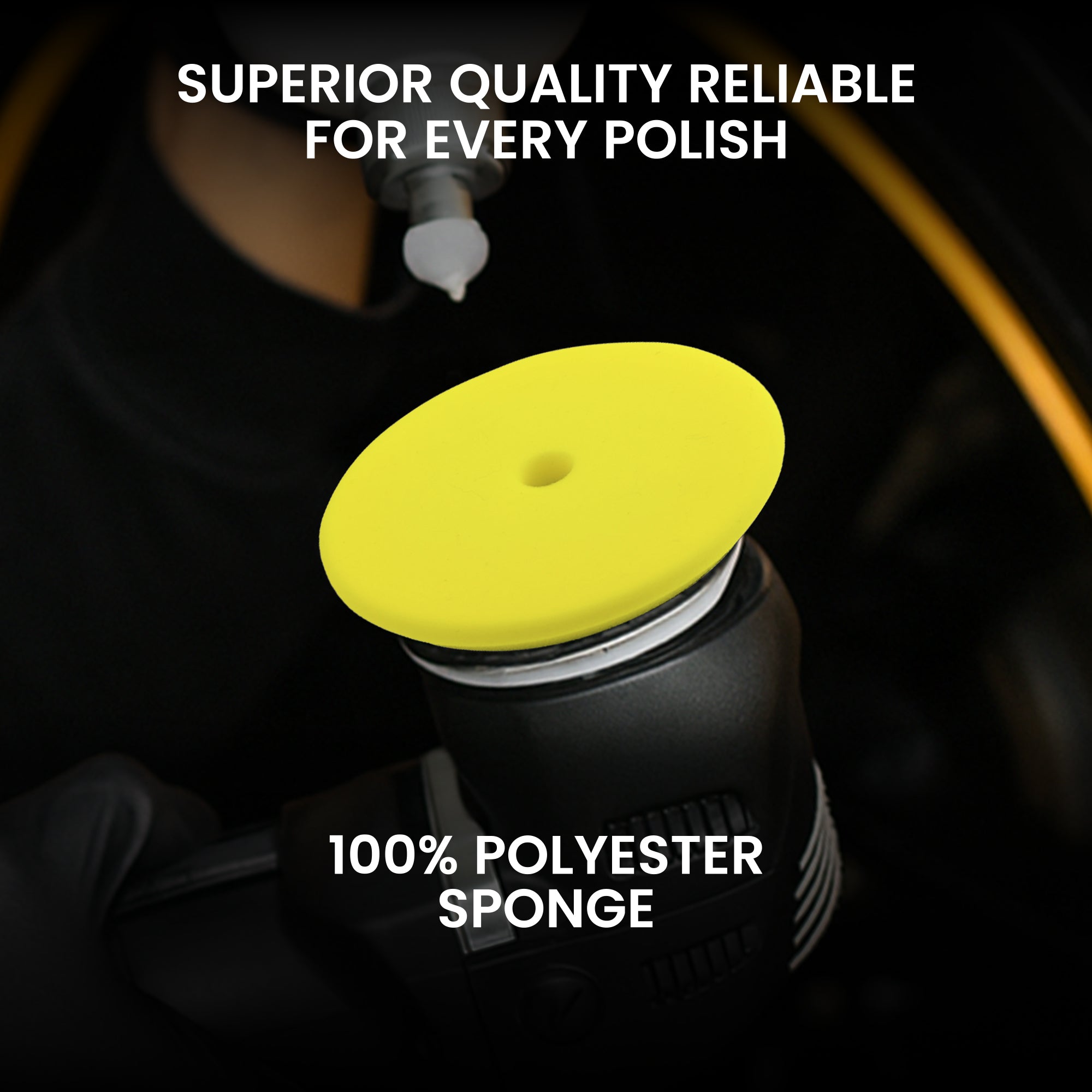 Yellow polishing pad on a polisher with text about quality and material.