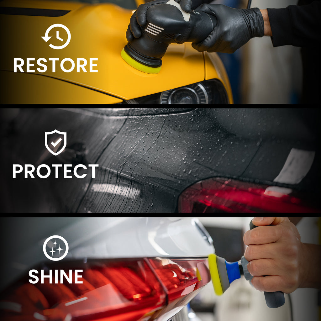 Three stages of car maintenance: restore, protect, and shine, with close-up shots of hands using tools on a car.
